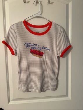 BDG White and Blue Striped Ringer Tee with Lobster Embroidery and Orange trim